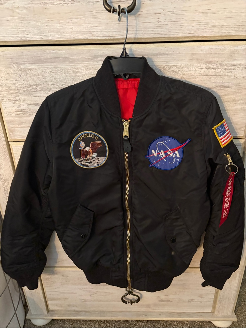 NASA Apollo 11 Black Bomber Jacket - Men's Classic Flight Jacket. Reversible.